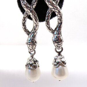 925 Sterling Silver Snake Earrings with Dangling White Pearl, Artisan Earrings